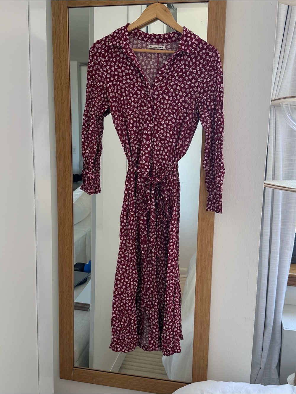 Reformation Burgundy Floral Long-Sleeve Wrap Dress